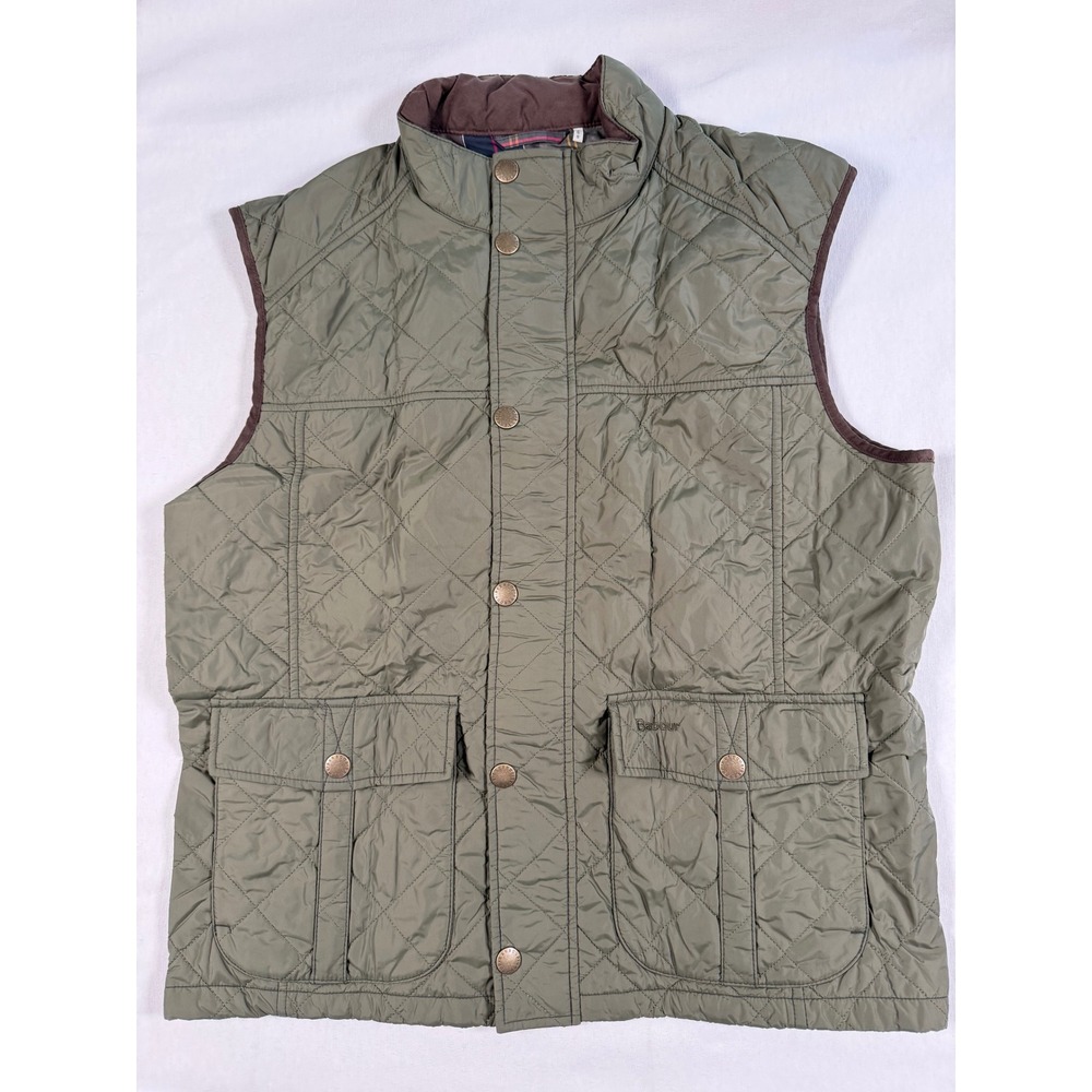 Barbour Mens Quilted Vest Olive Green Tartan Plaid Lining Snap Front Size L